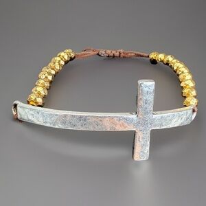 Goldtone Beaded Hammered Silvertone Religious Cross adjustable cord Bracelet
